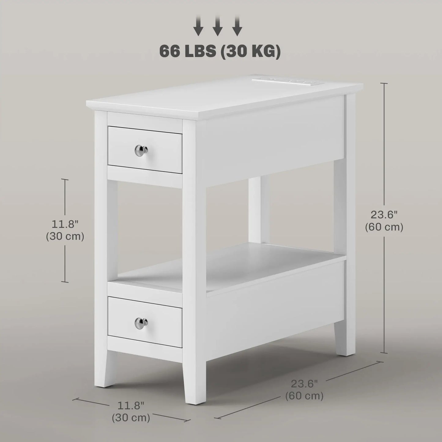 Narrow Side Table with Charging Station, USB Ports, Modern End Table with Storage Shelf, Drawers for Living Room, White