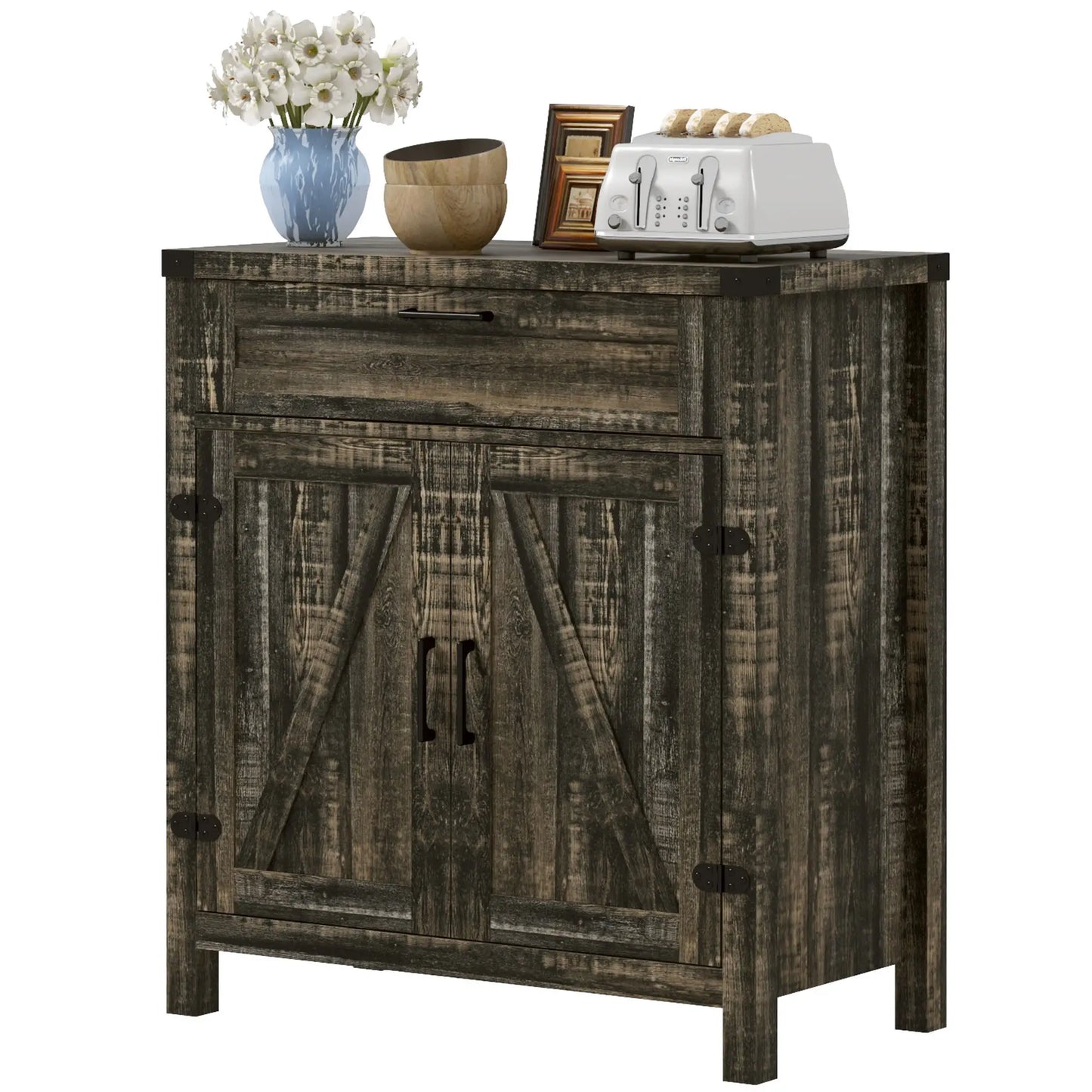 Farmhouse Kitchen Storage Cabinet or Entryway with 2 Rustic Barn Doors and Drawer, Dark Oak look