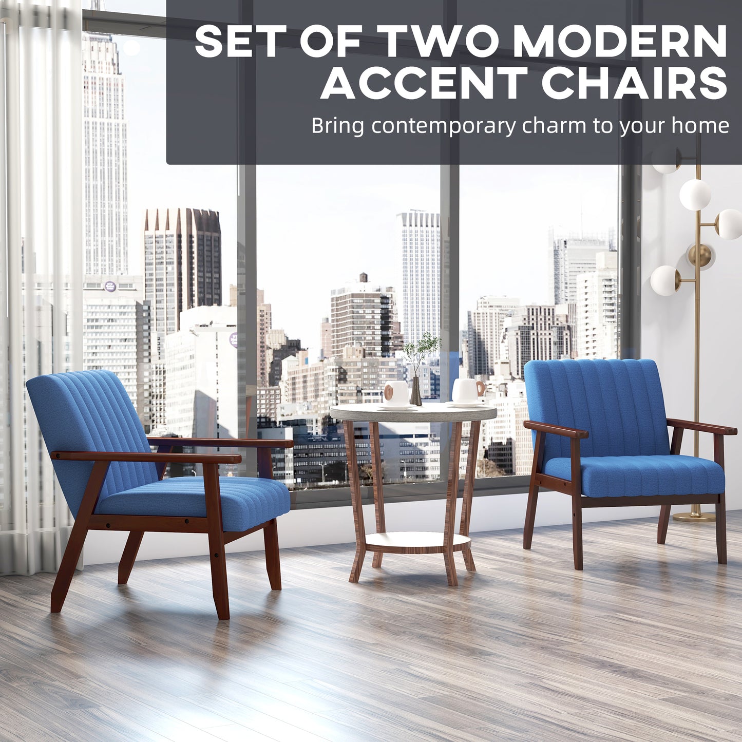 Set of 2 Modern Upholstered Armchairs with Wooden Legs and Tufting Design, in Blue