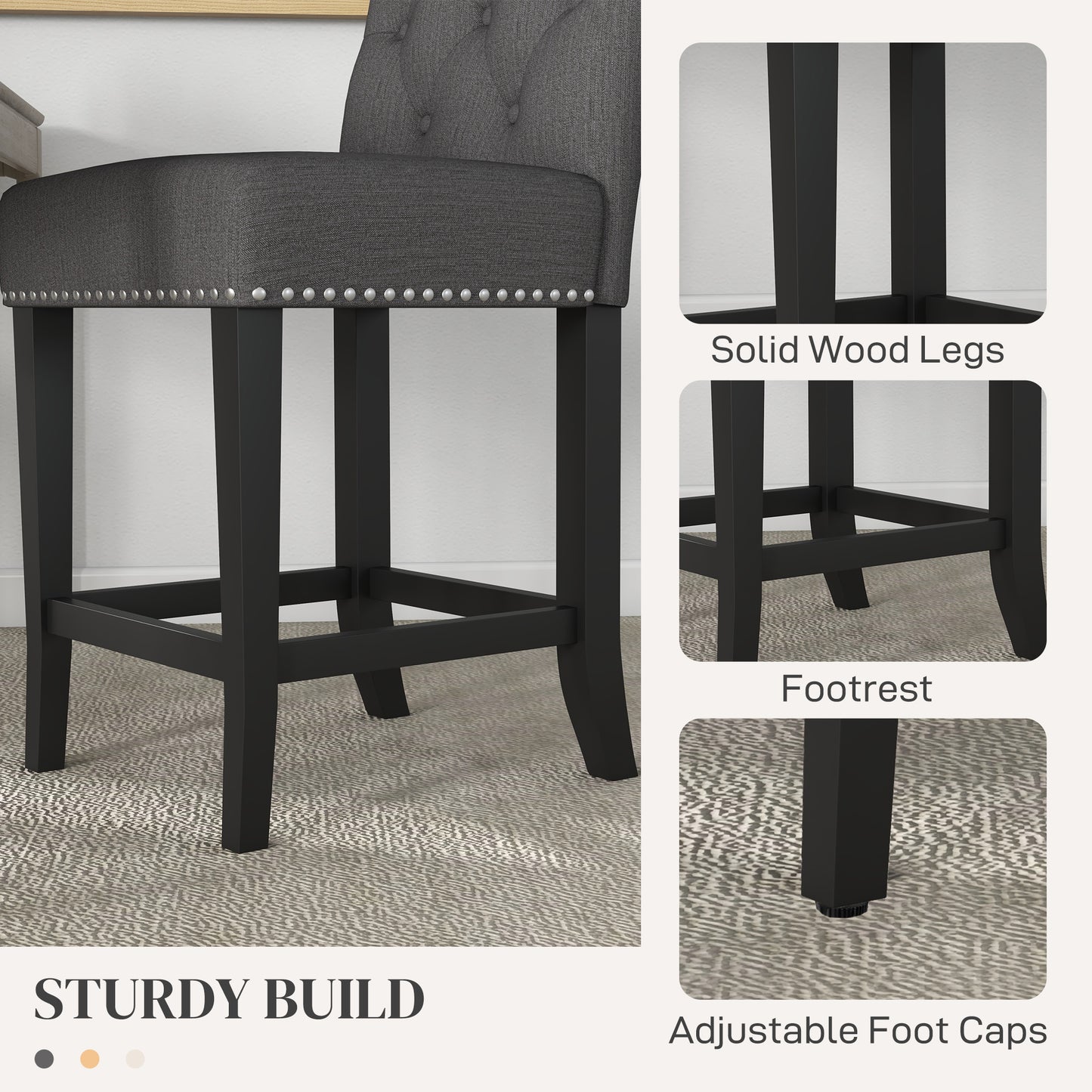 Dark Grey Fabric Bar Stool Set of 2, Seat Height  25.6", with Tufted Back & Wood Legs