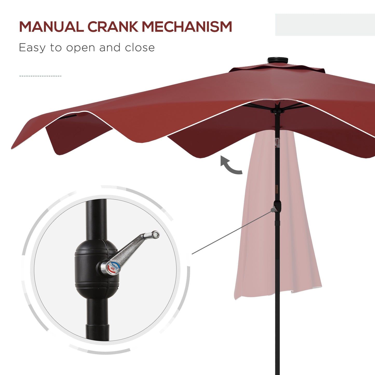 Solar Patio Umbrella with LED and Tilt, Outdoor Market Table Umbrella Parasol with Crank, 10 x 10 ft, Wine Red