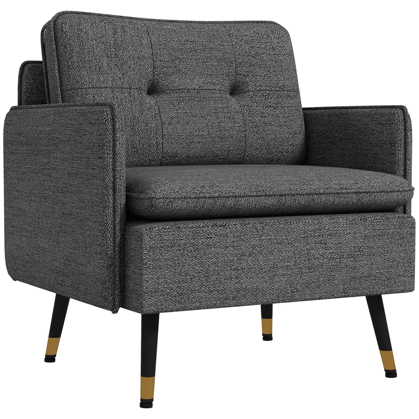 Modern Armchair, Upholstered Accent Chair with Tufted Back Cushion and Steel Legs in Dark Grey