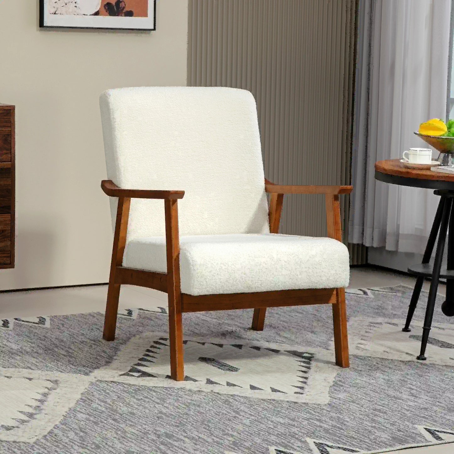 Boucle Accent Chair for Bedroom with Wide Seat and Thick Padding, White