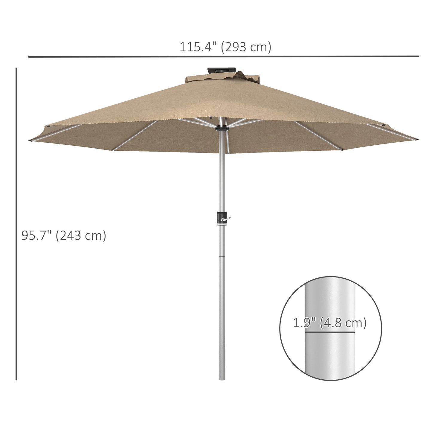 Outsunny LED Patio Umbrella, Lighted Deck Umbrella with 4 Lighting Modes, Solar & USB Charging, Khaki