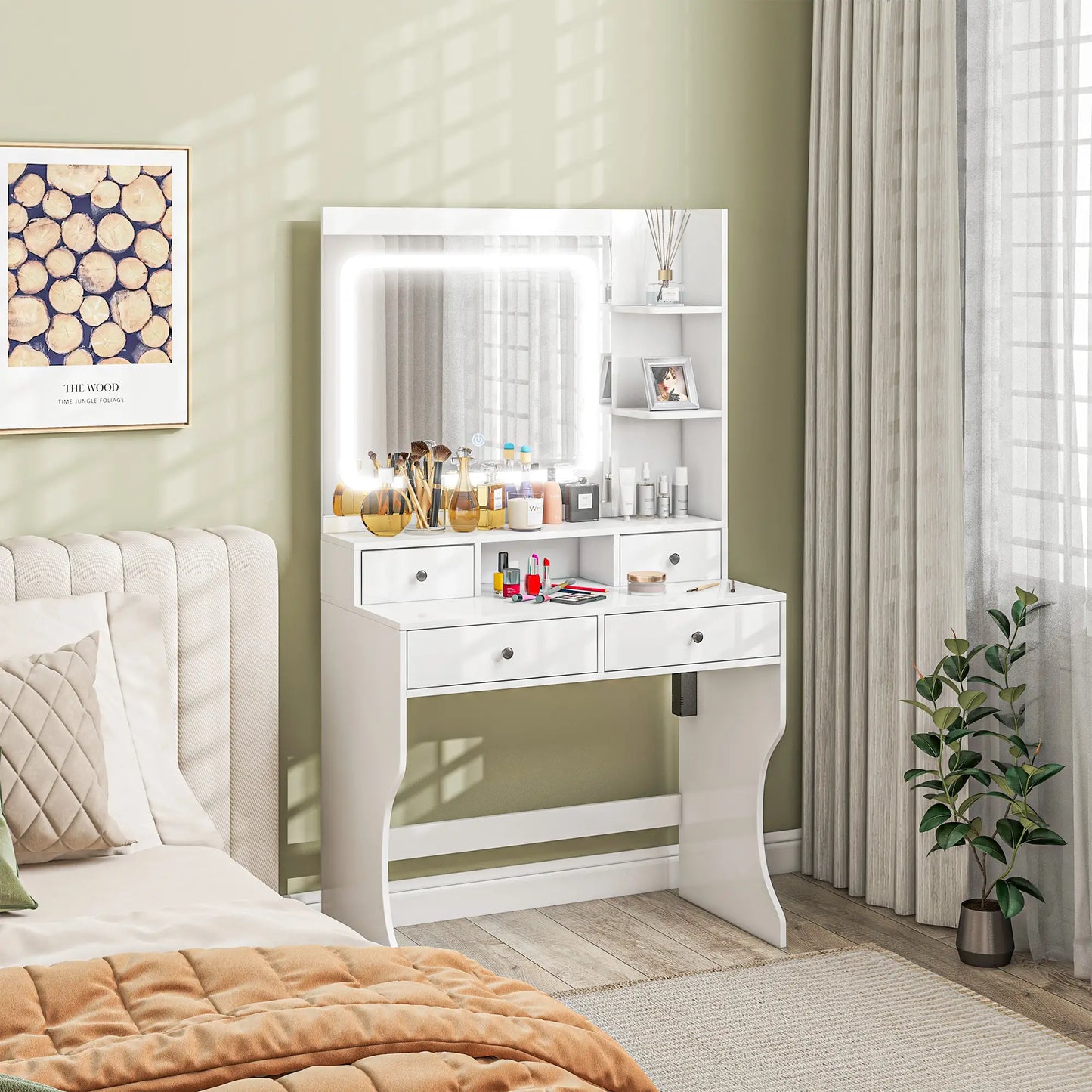 Vanity with Lighted Mirror, Charging Station, USB Ports, Drawers, Storage Shelves in White