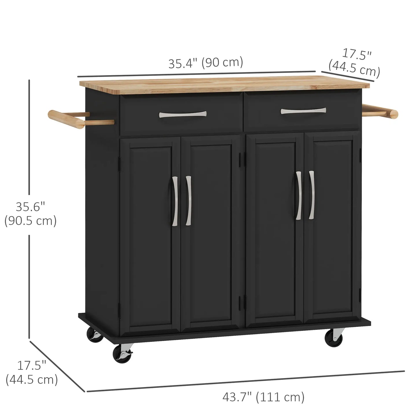 Kitchen Island on Wheels with Rubberwood Top, with 2 Drawers, 4 Doors and Adjustable Shelves