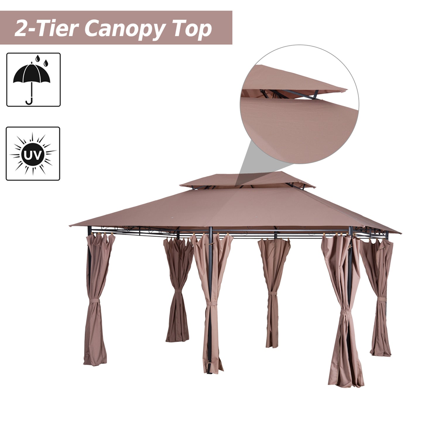 13'L x 10'W x 9.2'H Patio Gazebo Outdoor 2-Tiers Garden Canopy Yard Sunshade Shelter with Curtains Khaki