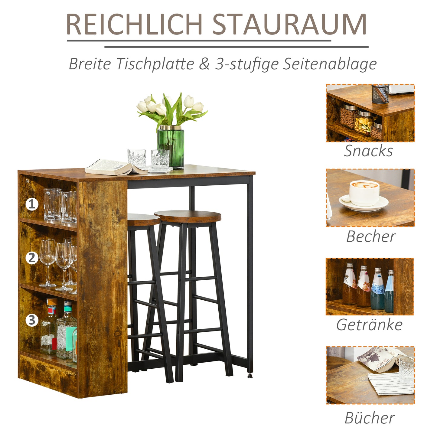 3 Piece Industrial Kitchen Dining Table Set, Counter Height Bar Table & Stools with Storage Shelf, Rustic Brown/Black