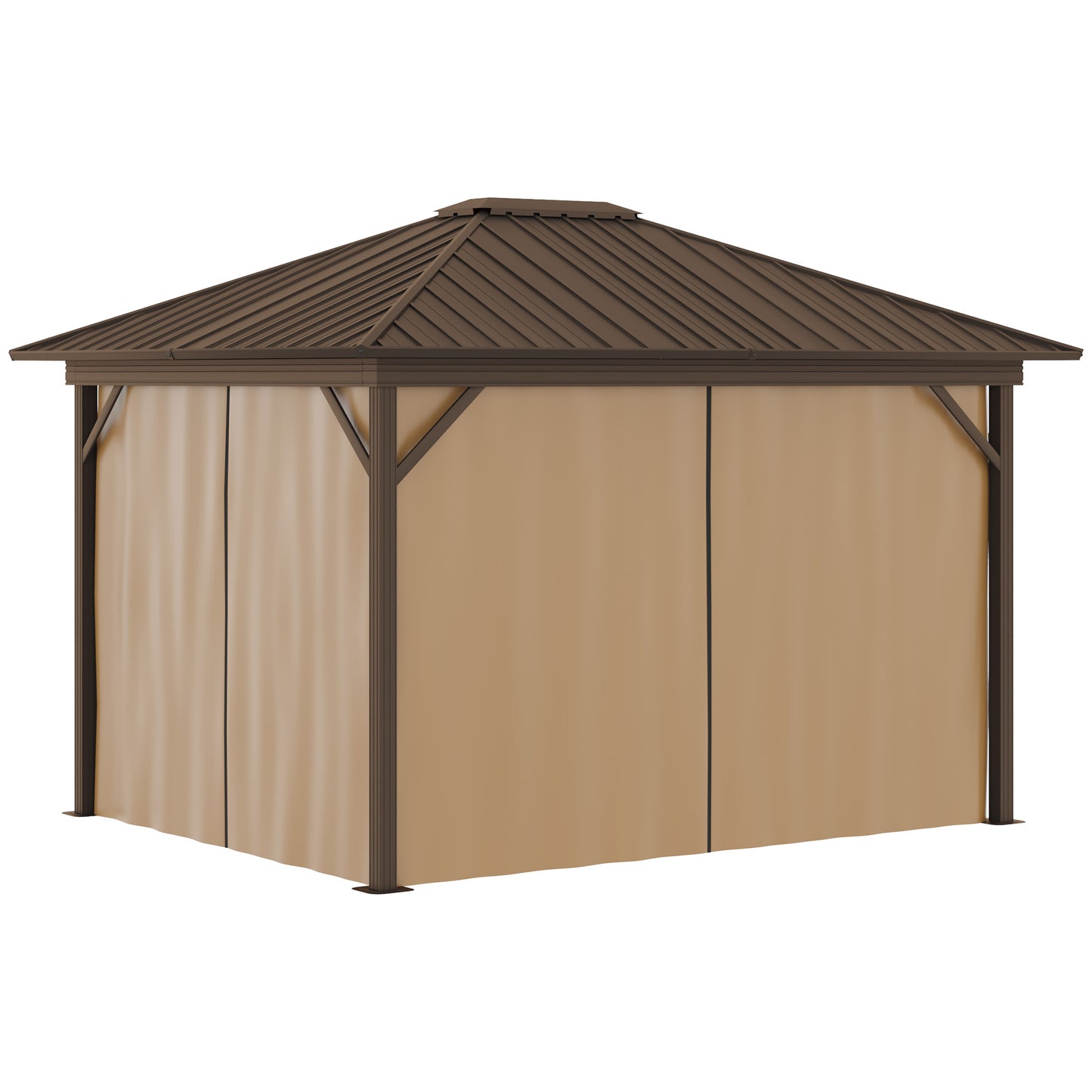 10' x 12' Outdoor Hardtop Gazebo Metal Roof Patio Gazebo with Aluminum Frame, Mesh Nettings, Curtains and Roomy Interior Space, Brown