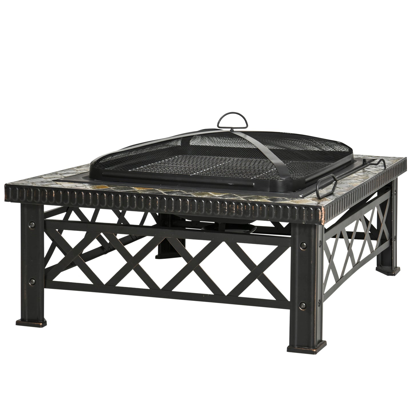 Outsunny 30" Outdoor Steel Square Firepit Square Stove with Spark Screen Cover, Log Grate, Poker, Grill Net for Patio