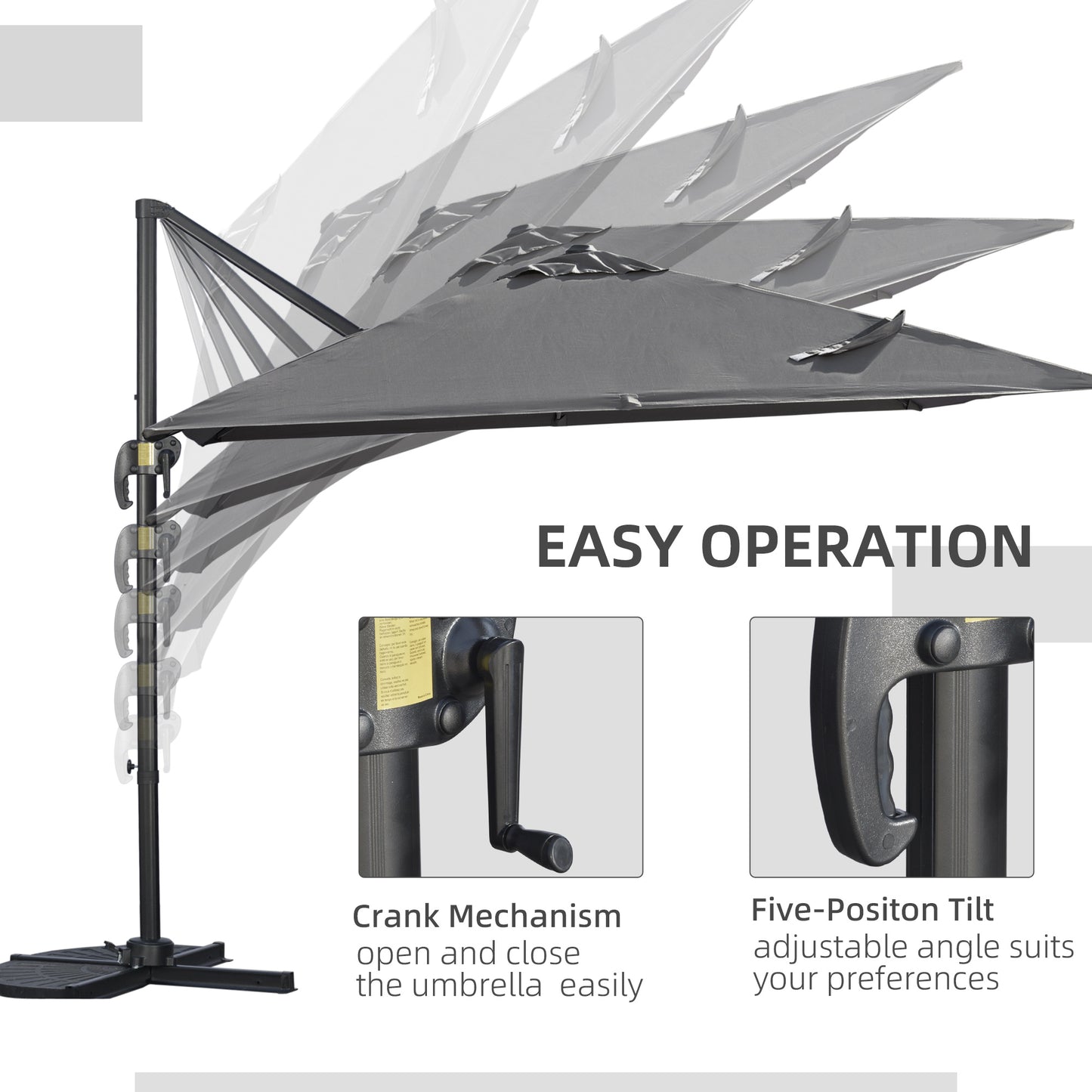 105" x 105" x 98" Cantilever Patio Umbrella, Square Overhanging Umbrella with Cross Base, Crank Handle, Tilt, 360° Rotation and Aluminum Frame, Dark Grey