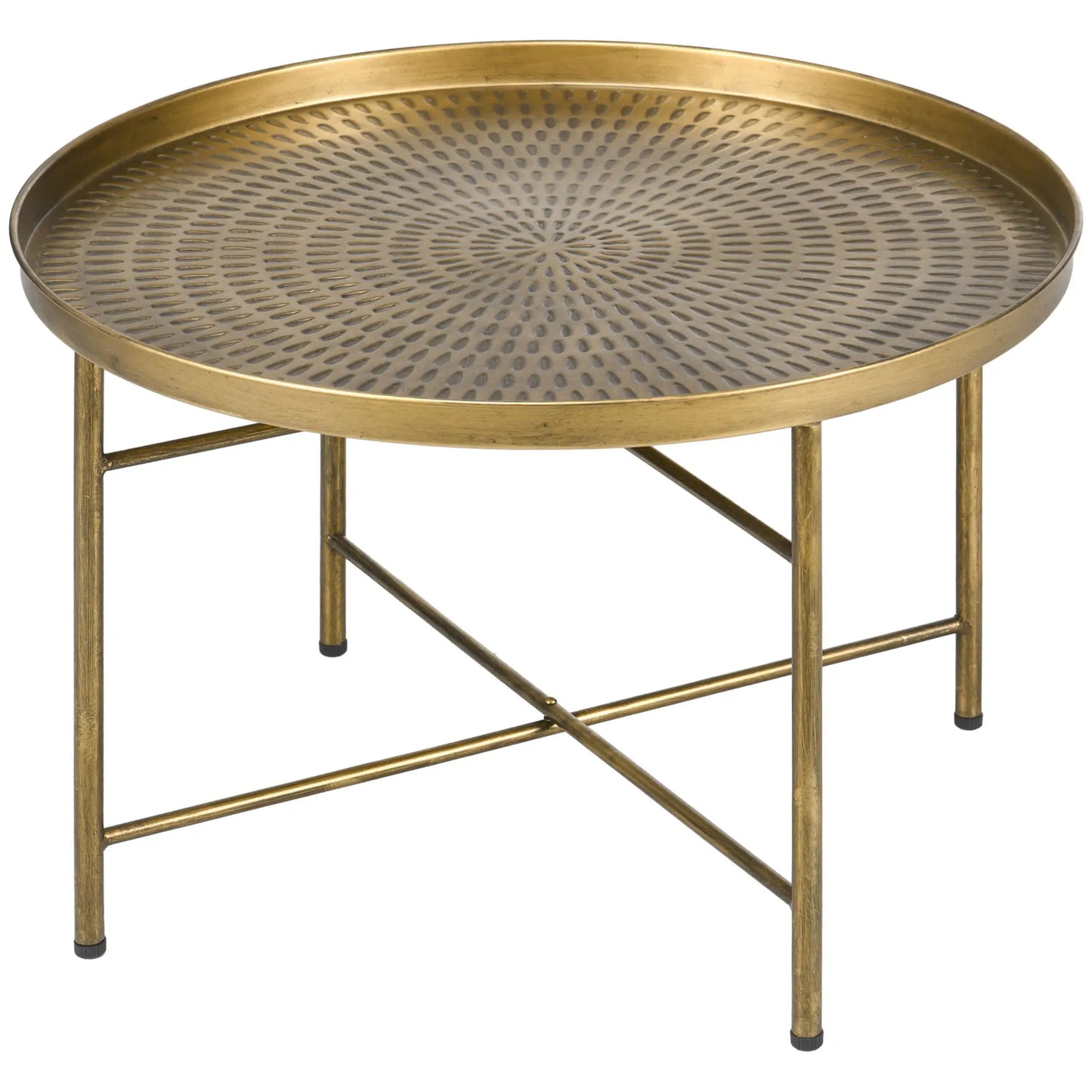 Vintage Style Coffee Table, 24" Round Center Table with Hammered Tray Top and Metal Frame, Gold