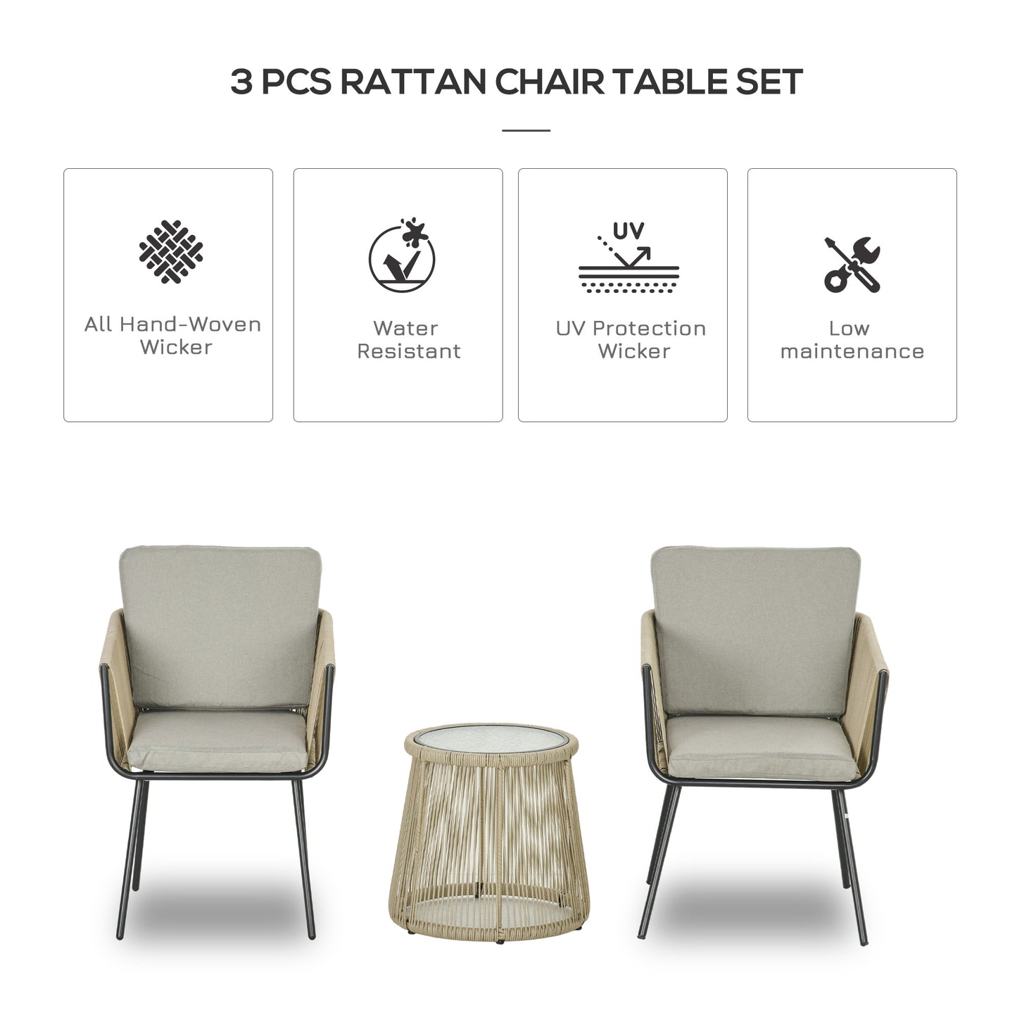 3 Piece Outdoor Patio Bistro Set, Wicker Rattan Furniture with Metal Legs for Garden, Backyard, Deck, Light Grey