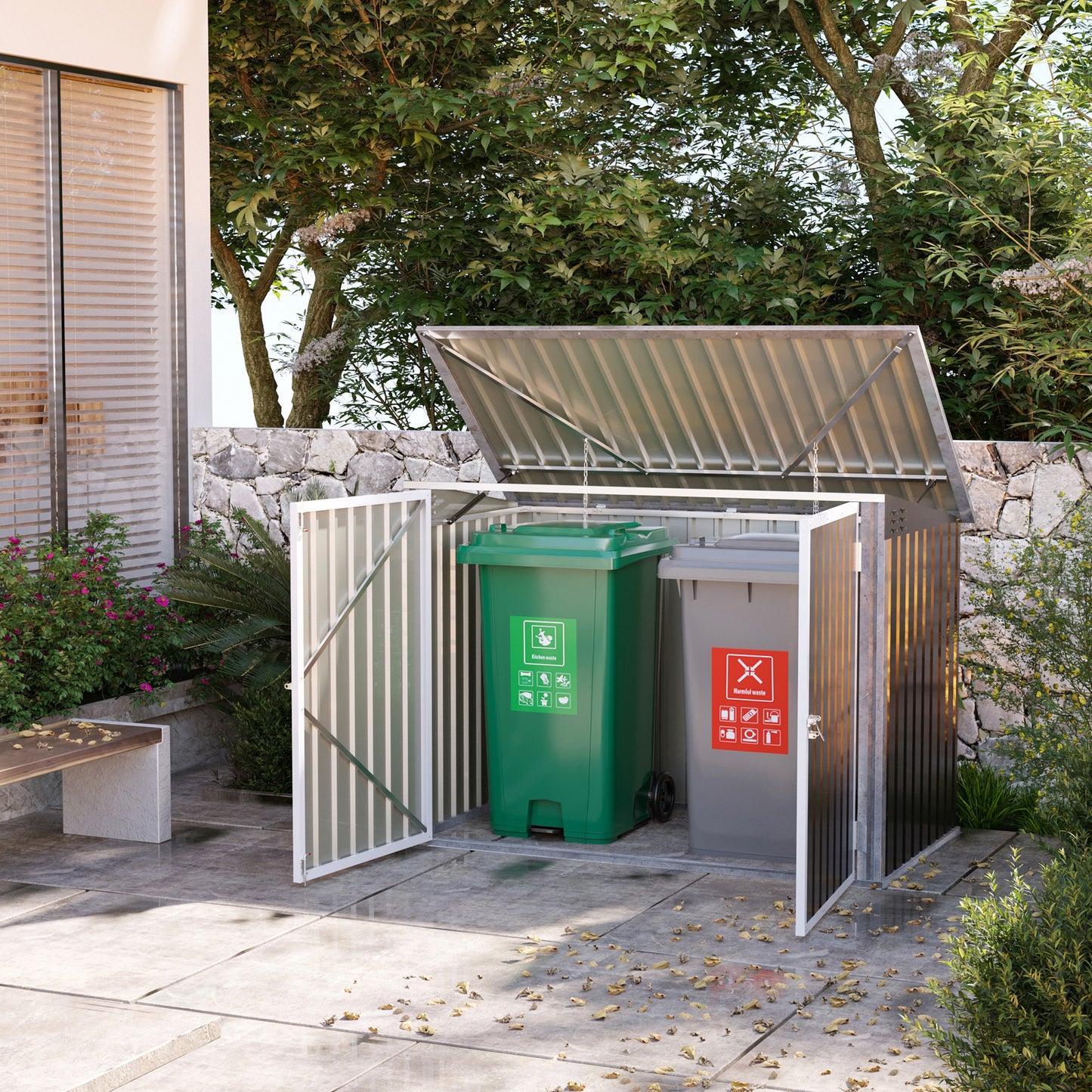 Outsunny Outdoor Metal Storage Shed, Garden Garbage Can Organizer with Double Door and Vents for 2 Trash Cans, Dark Grey