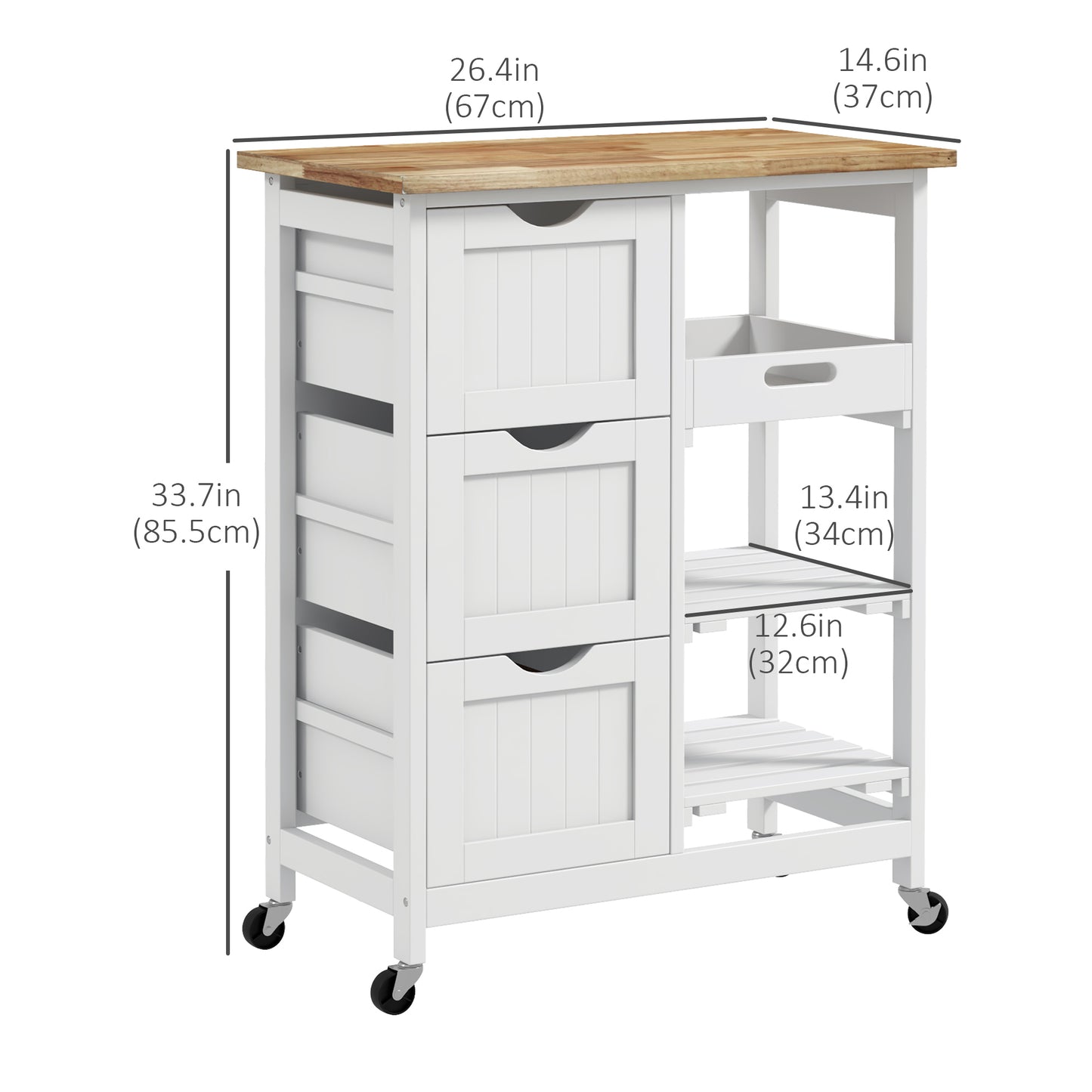 Rolling Kitchen Island Cart with Wood Top, 3 Drawers and Shelves