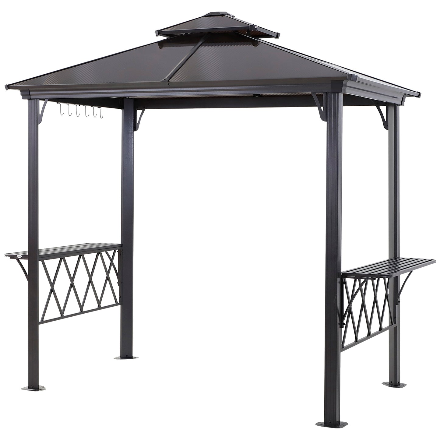 Outsunny Outdoor Hardtop Grill Gazebo Cooking BBQ Canopy w/ 6 Hooks for Utensils and Double Vented PC Roof, Coffee