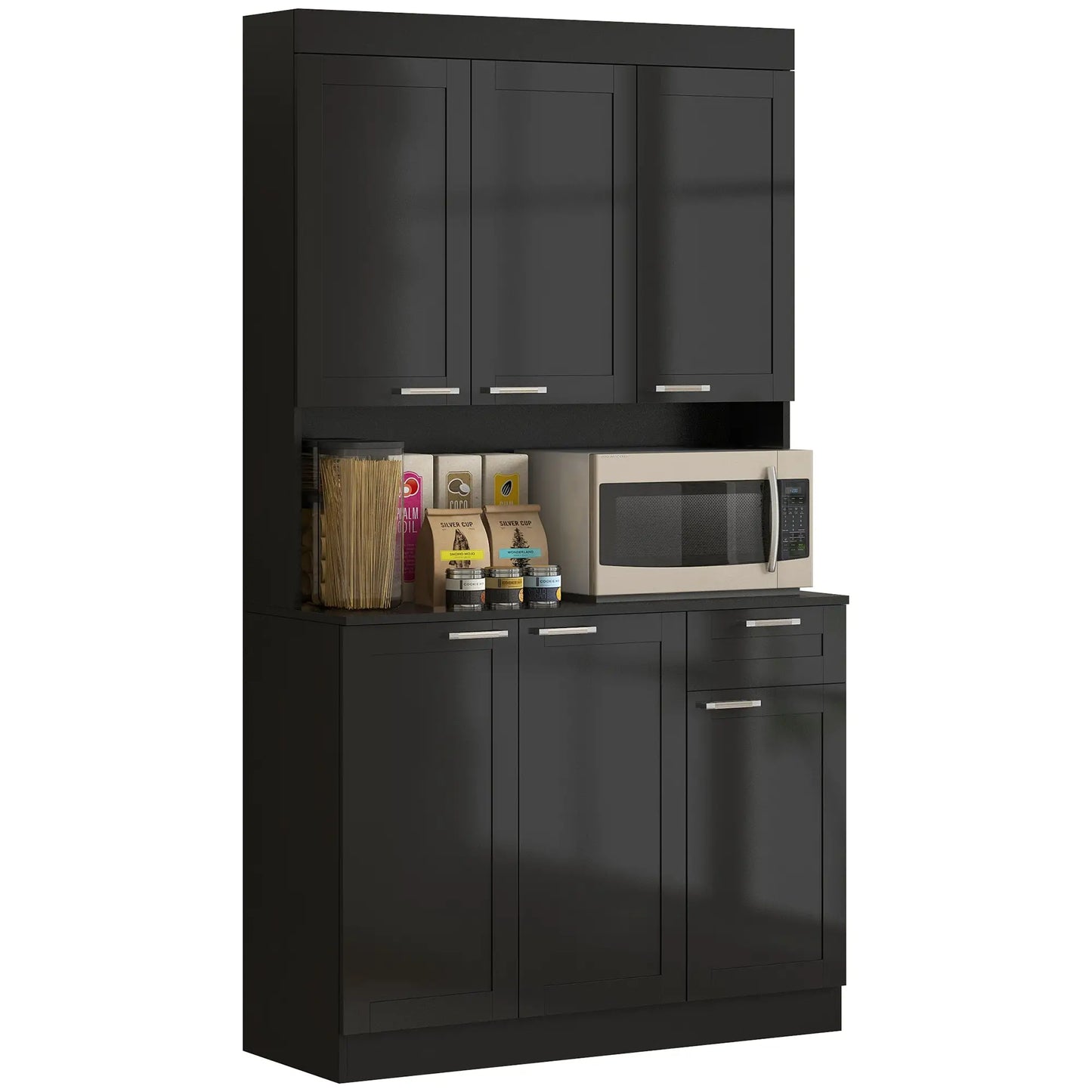 Kitchen Pantry Cabinet with Large Storage, Adjustable Shelves, High Gloss Black