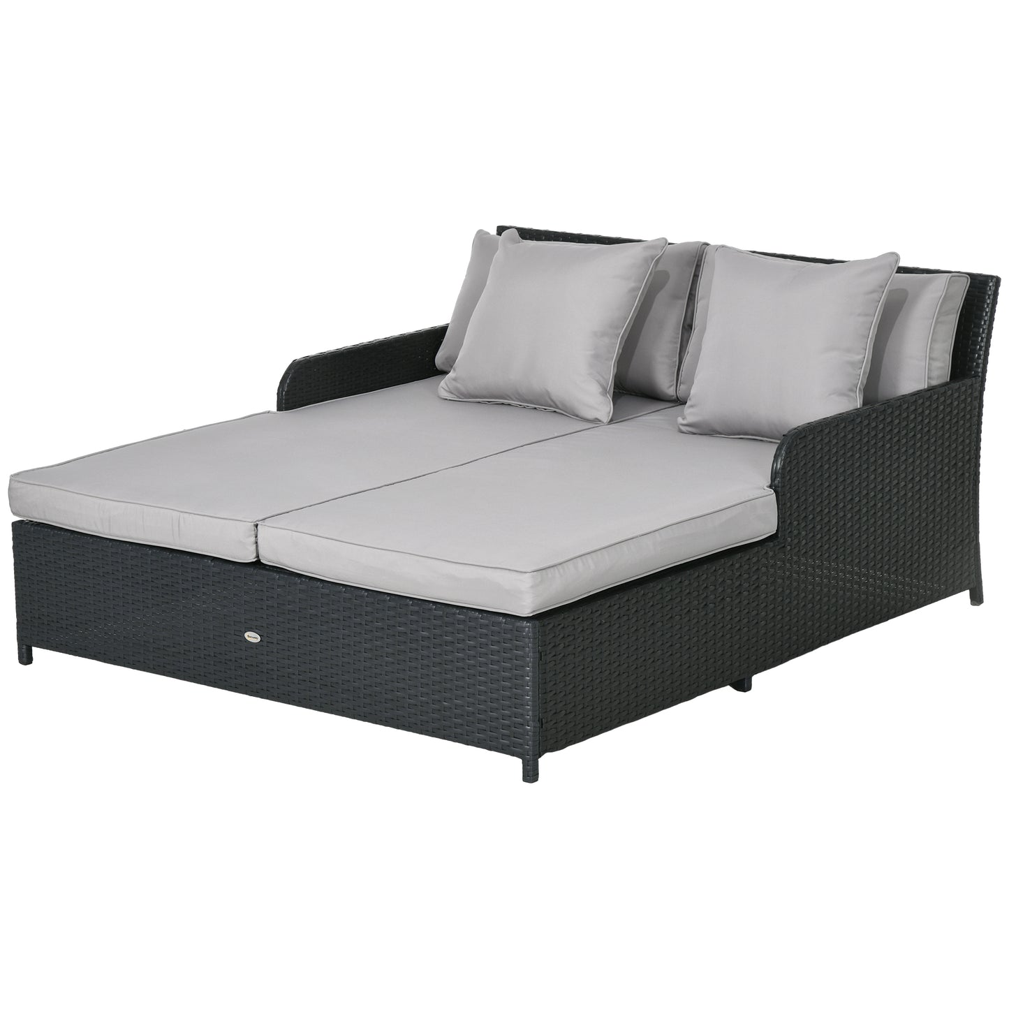 Patio Rattan Double Lounge Daybed, Outdoor Wicker Armrests Chaise Lounge for 2-Person with Cushion & Pillow, Grey