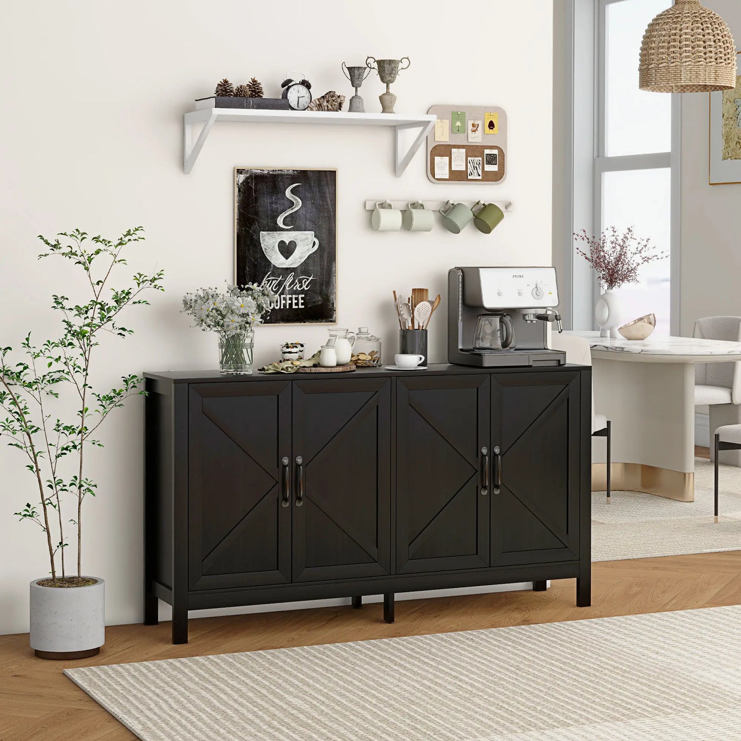 Sideboard Buffet with Barn Door and Adjustable Shelf in Black