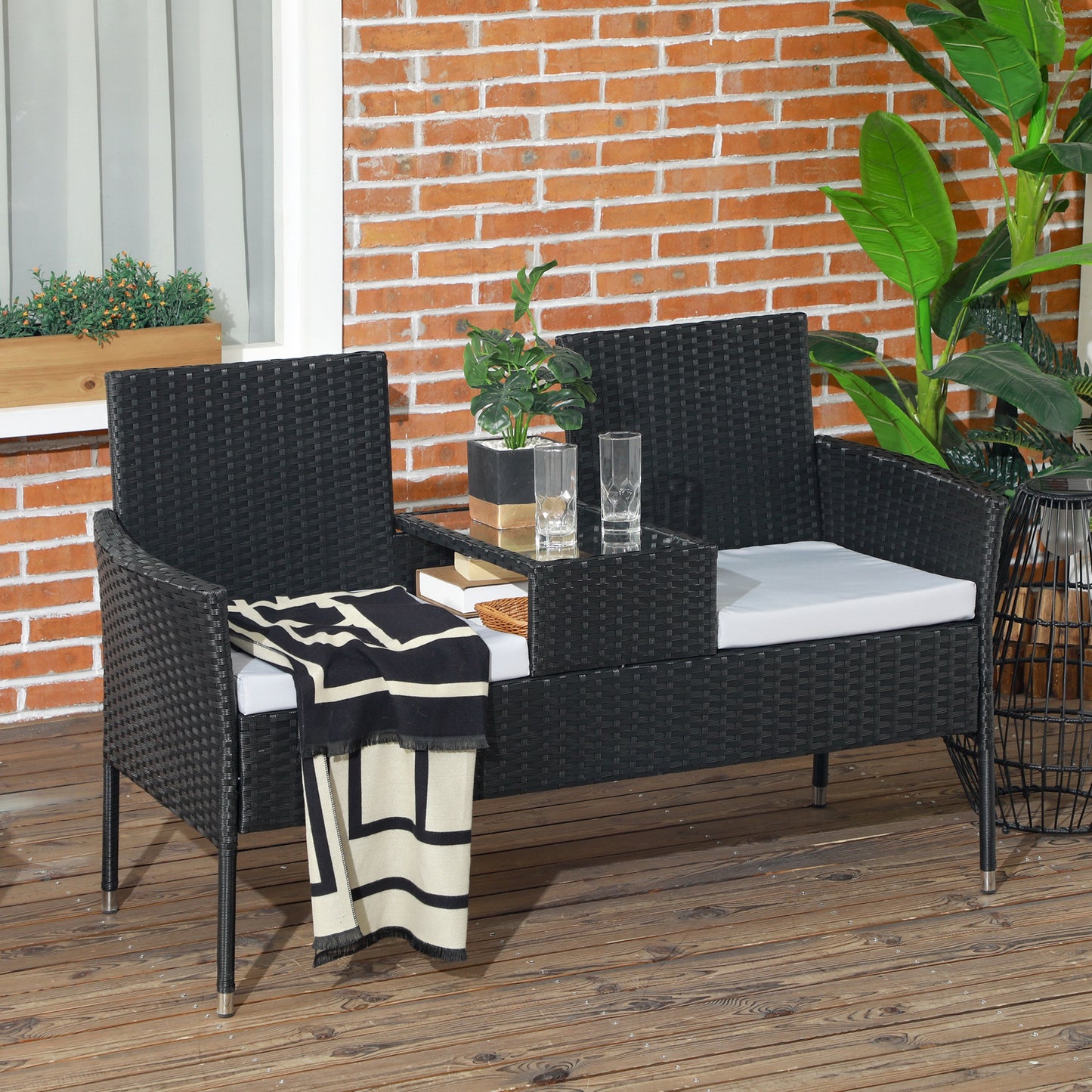 Outsunny Patio Furniture or Bistro w/ Mid-Table PE Rattan Loveseat w/ Cushion, Light Grey