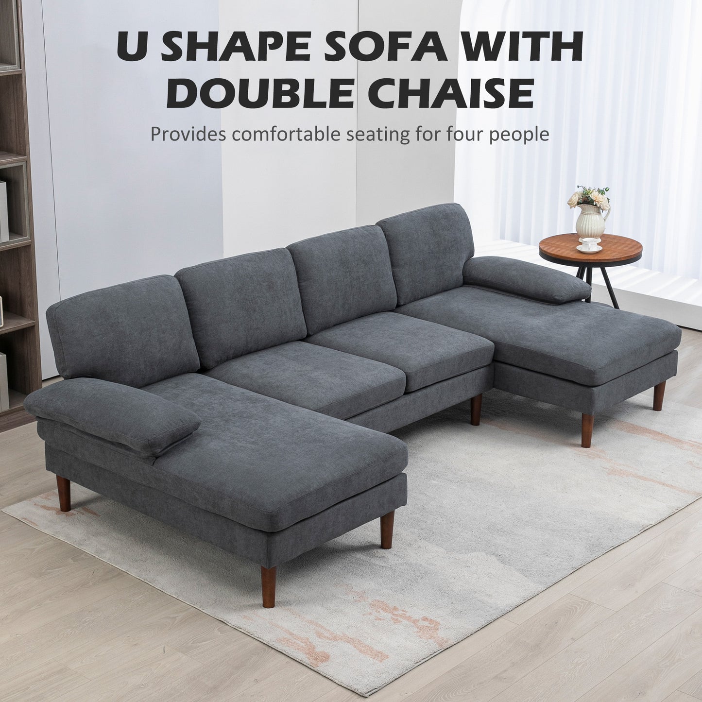 U Shape Couch with Double Chaise Lounge, Modern 4 Seater Sofa with Wooden Legs, Fabric Sofa for Living Room, Dark Grey