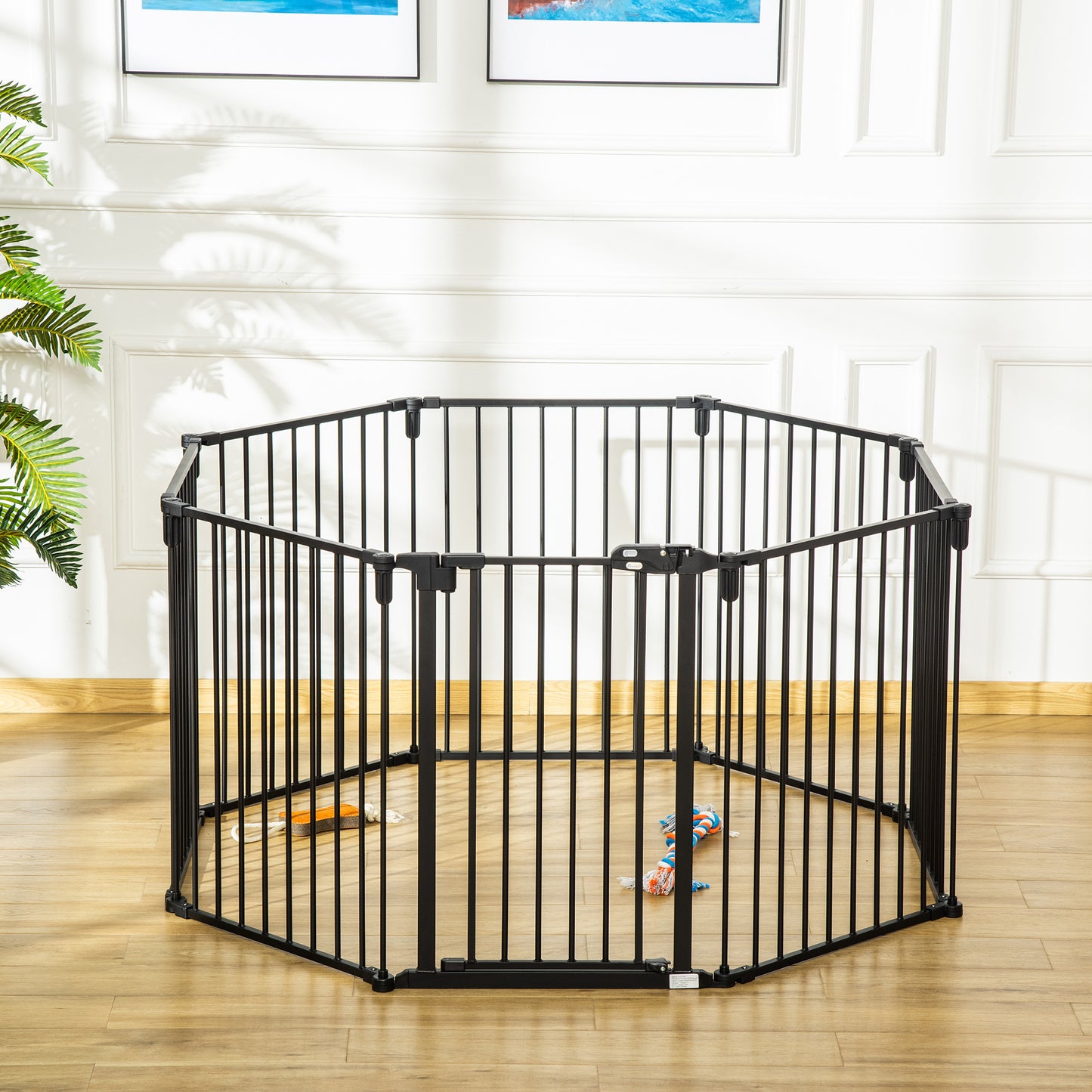 PawHut 30" Pet Safety Gate 8-Panel Playpen Fireplace Christmas Tree Steel Fence Stair Barrier Room Divider with Walk Through Door Automatically Close Lock Black