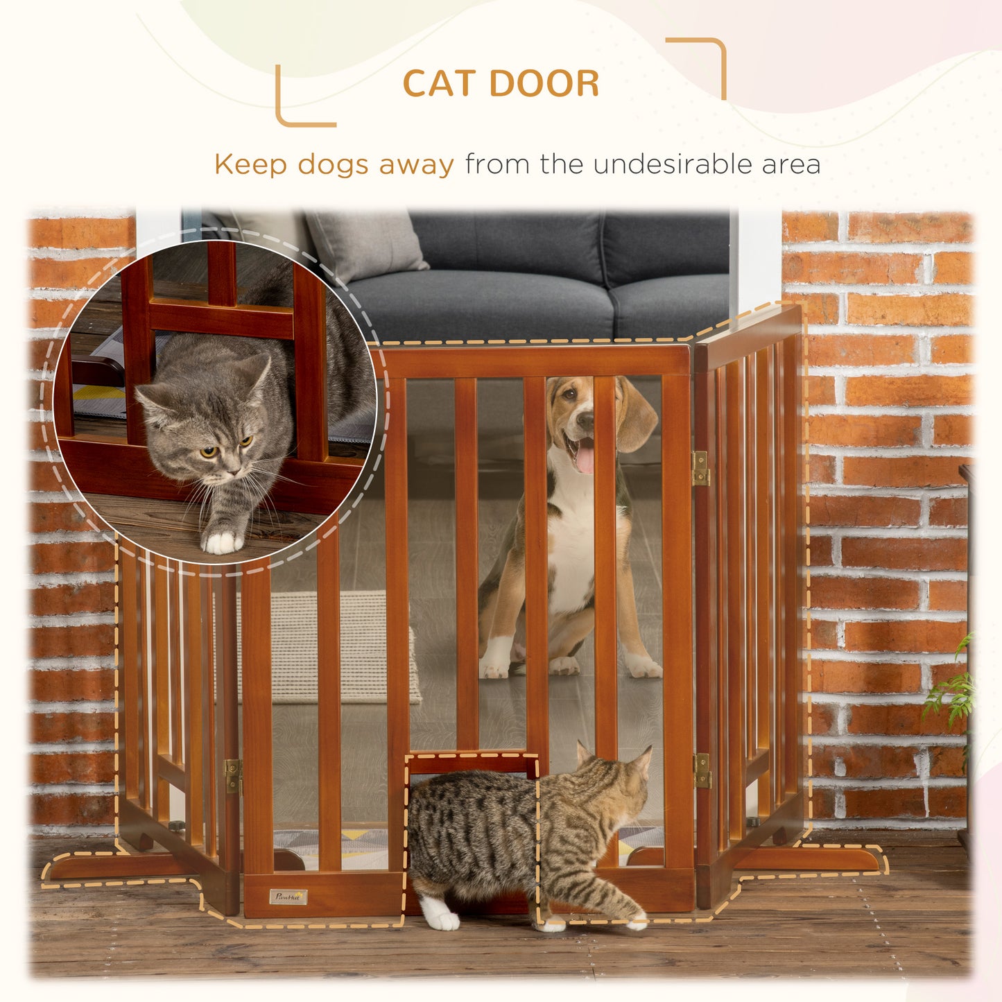 Freestanding Pet Gate with 2PCS Support Feet, 3 Panels Folding Dog Gates for the House Doorway Stairs, with Cat Door, Expands up to 71.3" Wide, 29.9" Tall, Espresso