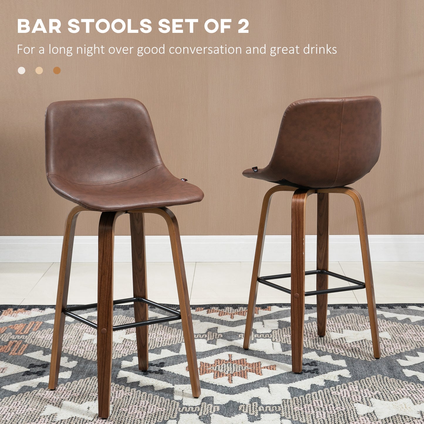 Counter Height Bar stools Set of 2 Mid-Back PU Leather Bar Chairs with Wood Legs, Brown