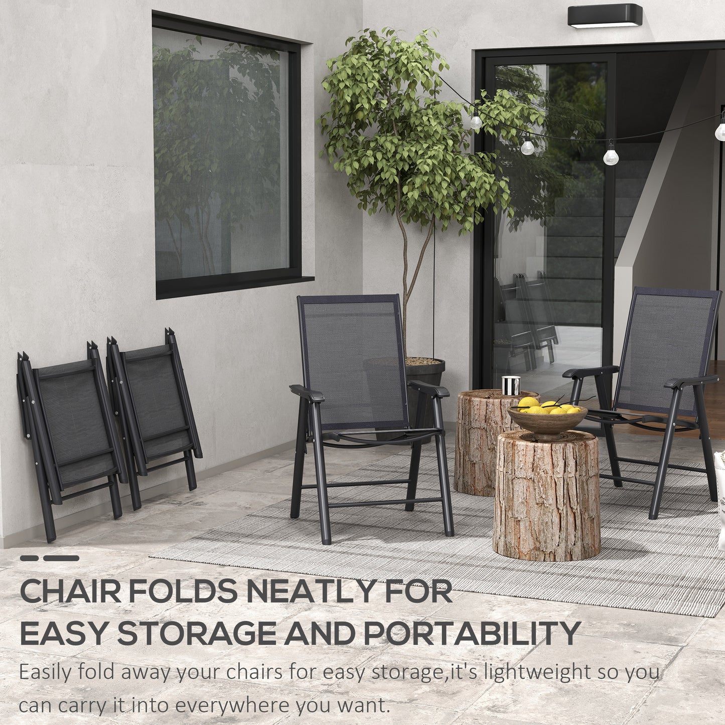 4-Piece Folding Chair Set for Relaxing on Patio Balcony Garden, Comfortable Outdoor Furniture with Armrests, Black