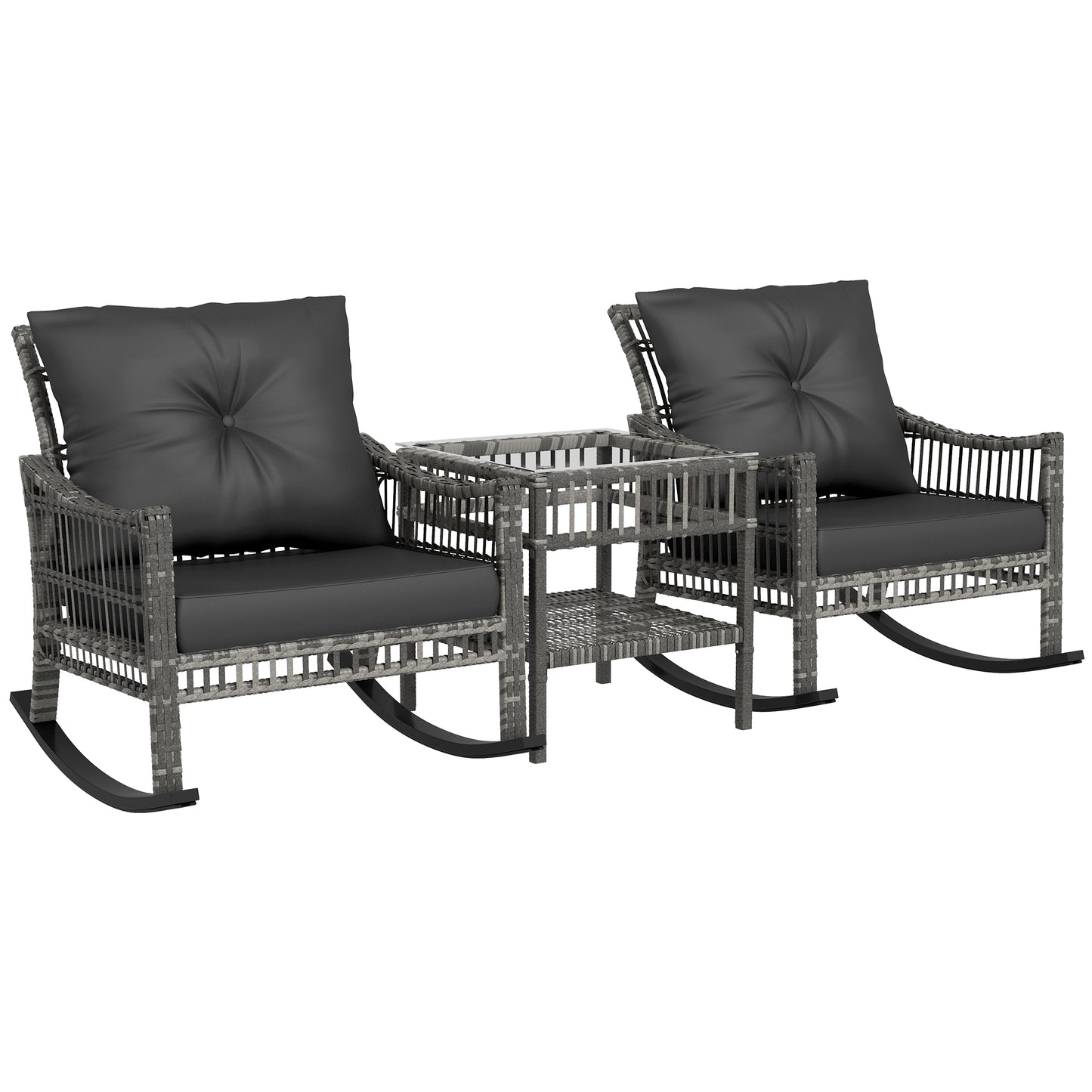 3 Pieces Outdoor PE Rattan Rocker Chair Set, Rocking Chair with Tempered Glass Table Top,25"x26"x28", Mixed Grey