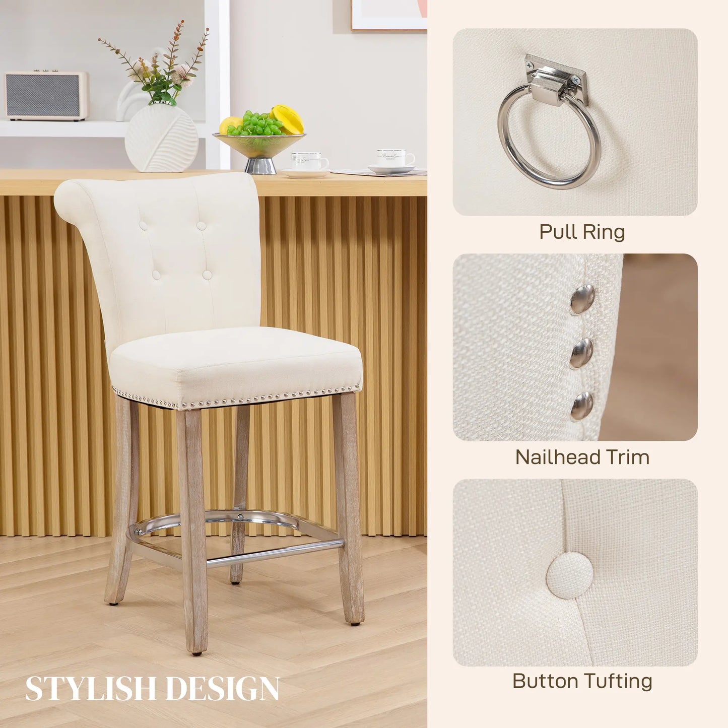 Bar Stools Set of 2, Upholstered Counter Height Stools with Button Tufted Back, Wood Legs and Footrest, in Cream White