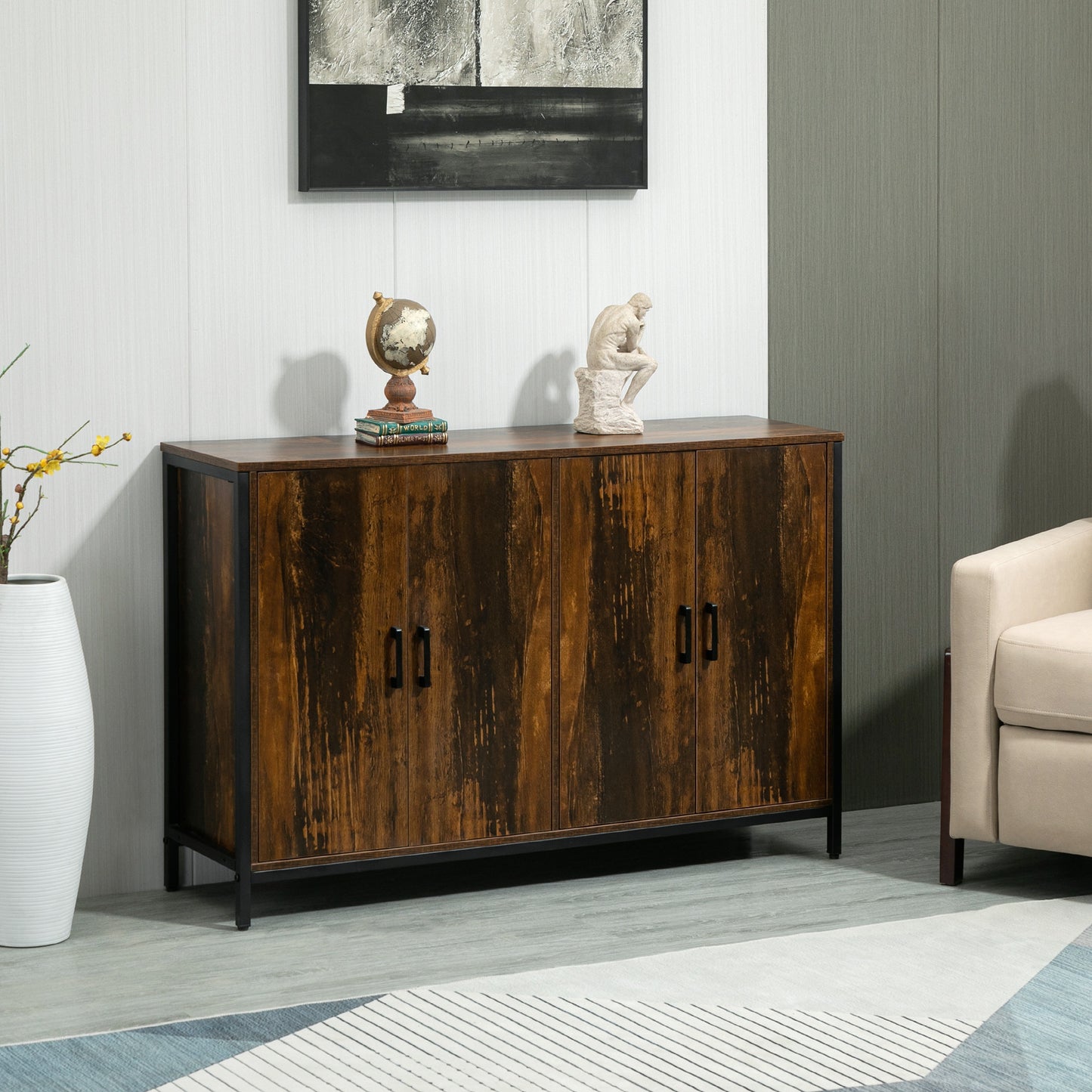 Industrial Sideboard, Buffet Cabinet with Doors, Buffet Table with Adjustable Shelves and Steel Frame, Rustic Brown