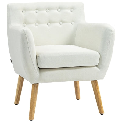 Mid-Century Modern Accent Chair with Wood Frame and Thick Padding, Cream White