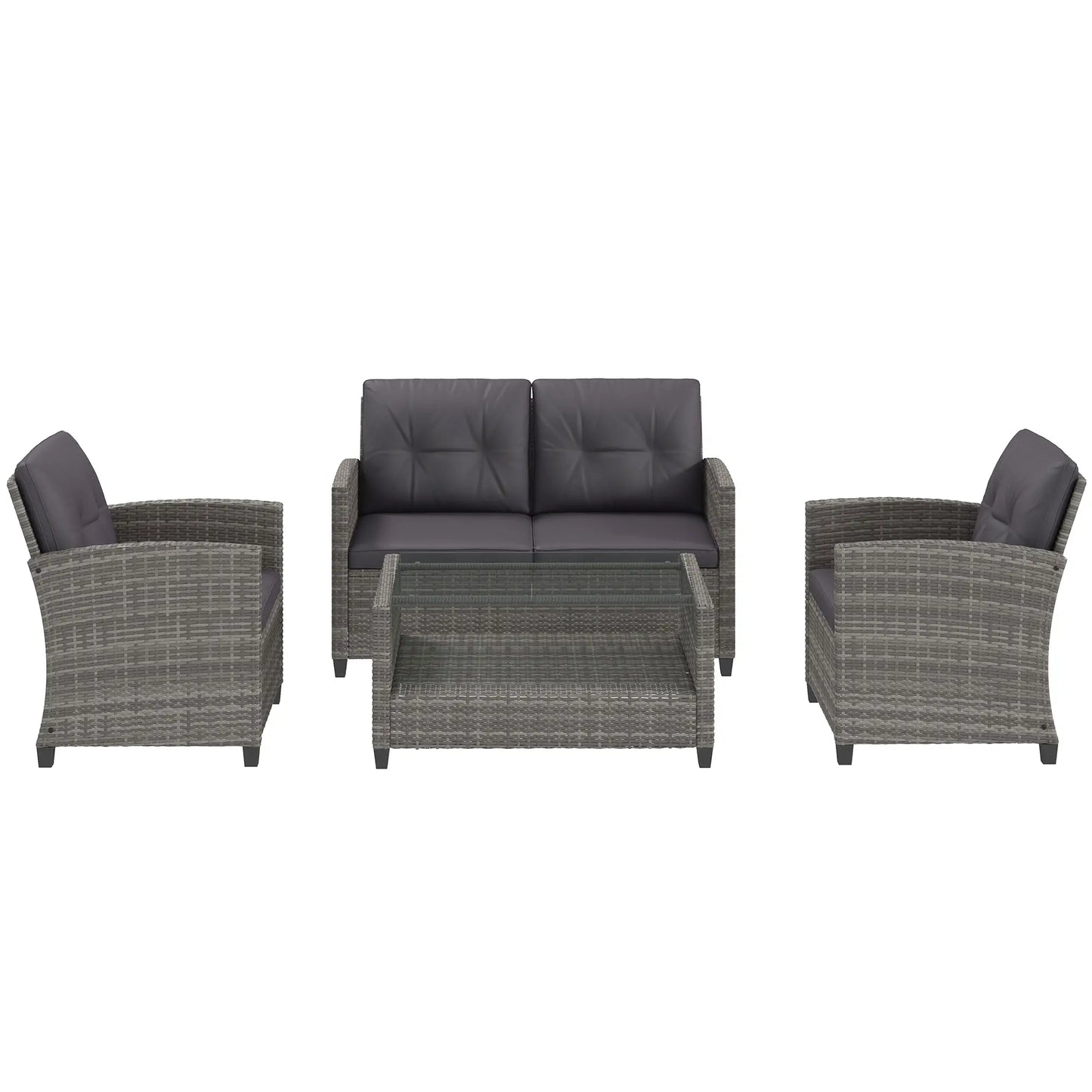 4 Piece Rattan Patio Furniture Set w/ Glass Table Top, Cushions for Backyard, Garden, Poolside, Deck, Charcoal Grey