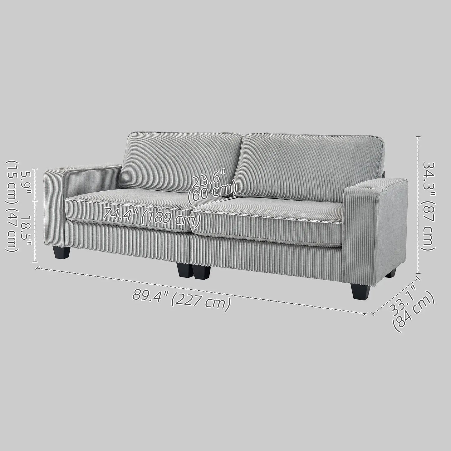 Three Seater Sofa, Fabric with Spring Cushion and Cup Holders Light Grey