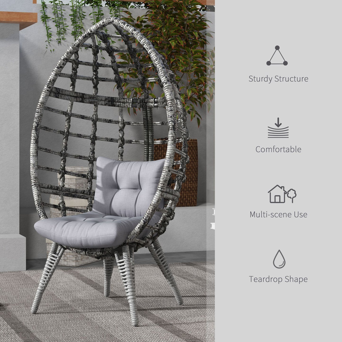 Outsunny Outdoor Egg Chair with Soft Cushion, Patio PE Rattan Wicker Balcony Chair with Height Adjustable Knob, 352lbs Capacity, for Backyard, Garden, Balcony, Lawn, Light Grey