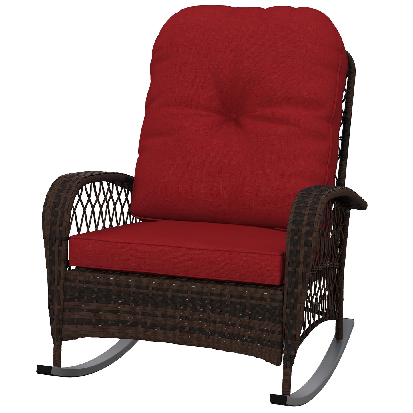 Outdoor Wicker Rattan Rocking Chair Patio Rocker with Thick Cushions for Garden Backyard Porch, Red