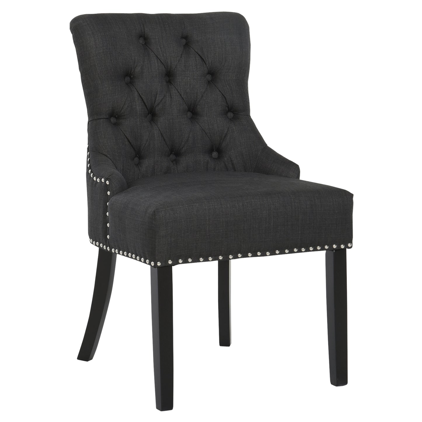 Button-Tufted Dining Chair, Fabric Upholstered with Nailed Trim & Wood Legs , Set of 2, Dark Grey