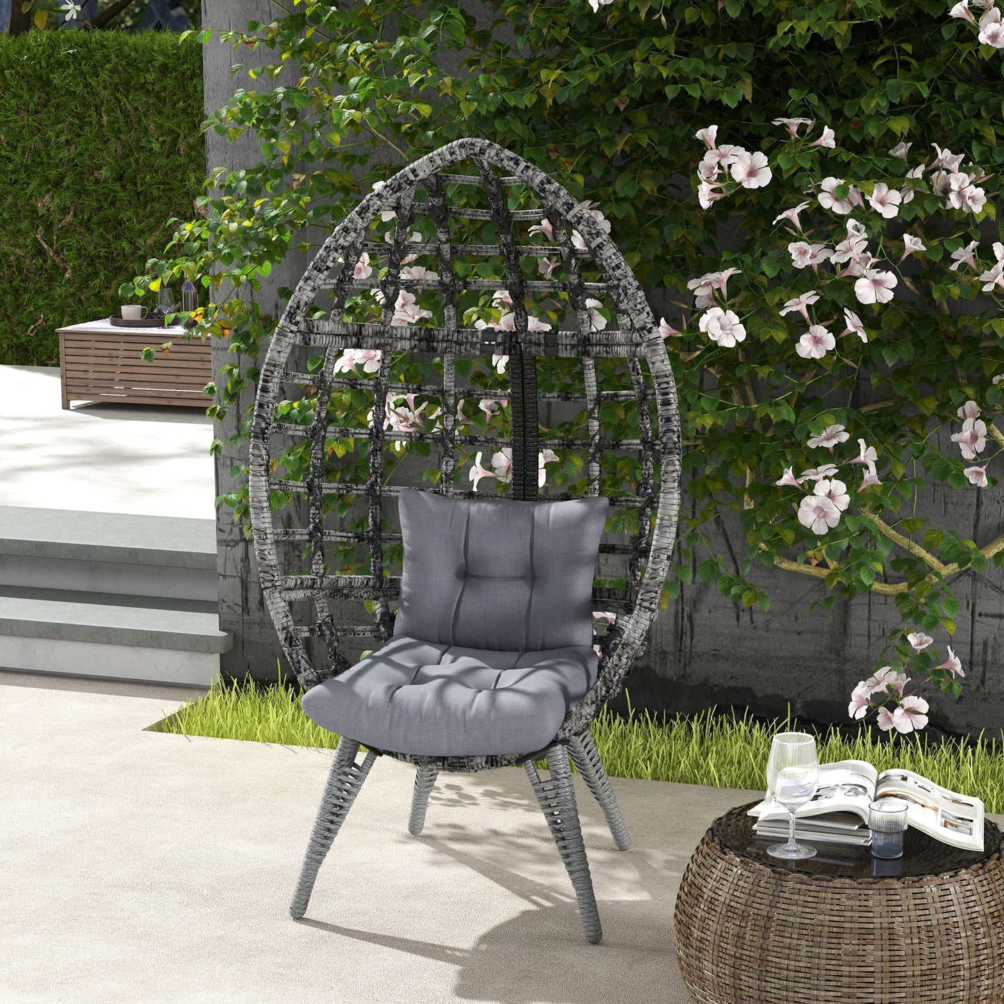 Outsunny Outdoor Egg Chair with Soft Cushion, Patio PE Rattan Wicker Balcony Chair with Height Adjustable Knob, 352lbs Capacity, for Backyard, Garden, Balcony, Lawn, Light Grey