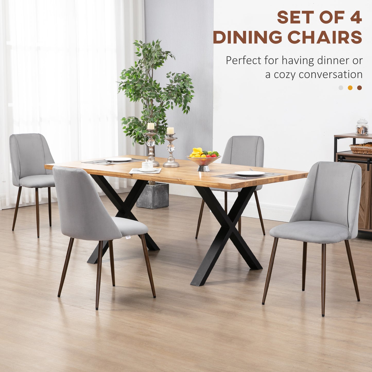 Dining Chairs Set of 4, Modern Kitchen Chair with Velvet-touch Upholstery, Curved Back and Wood-grain Steel Leg for Living Room, Bedroom, Grey