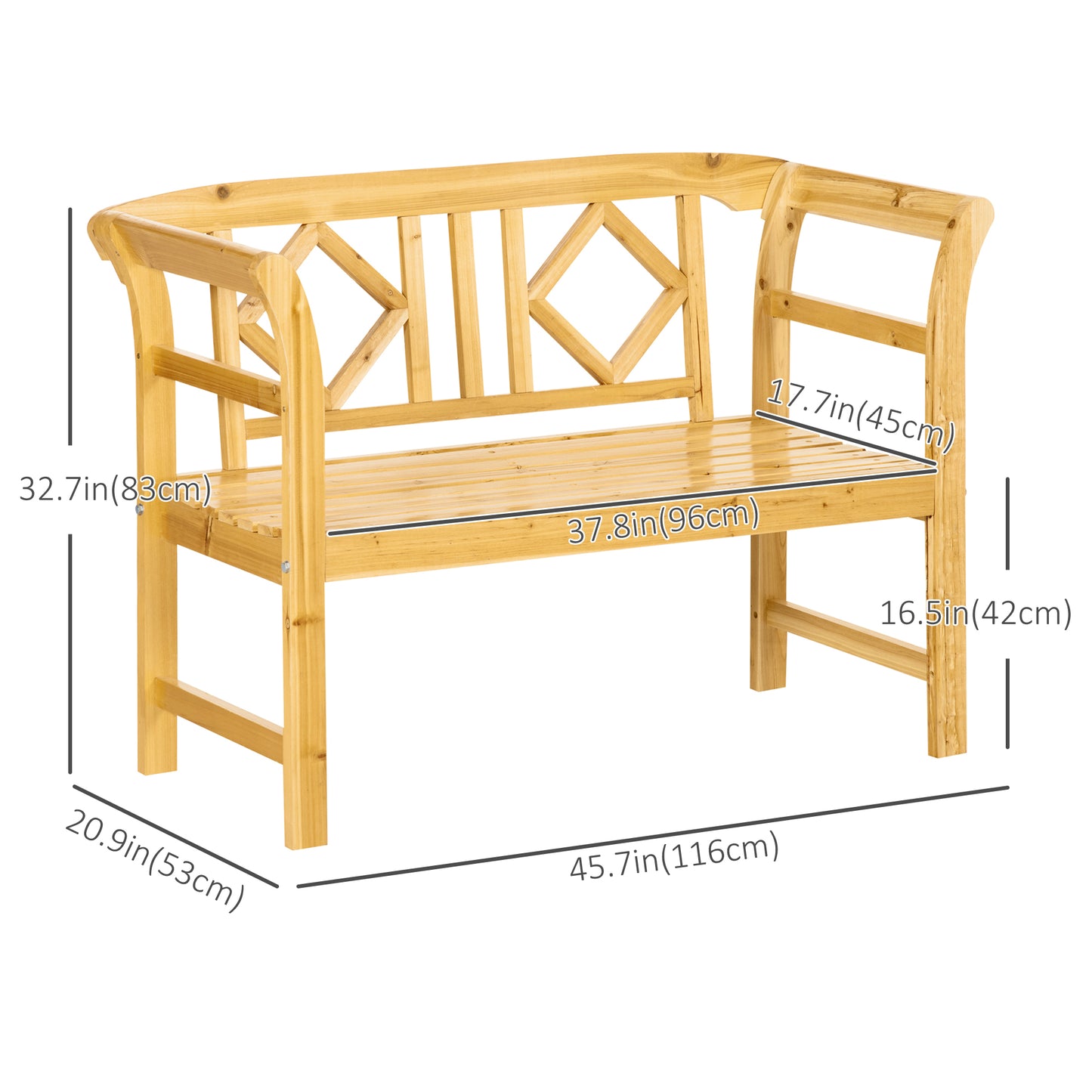 Outsunny Outdoor Wooden Bench, Patio Loveseat Chair with Stylish Pattern Backrest and Armrests for Yard, Lawn, Porch, Natural