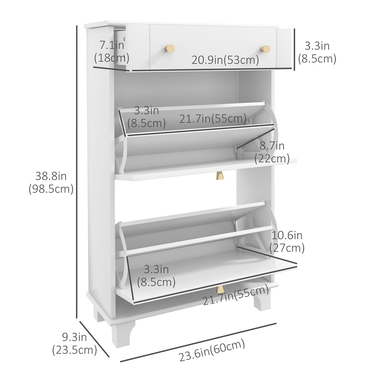 Slim Shoe Storage with 2 Flip Drawers and Adjustable Shelves Shoe Cabinet Organizer for 8 Pair, White