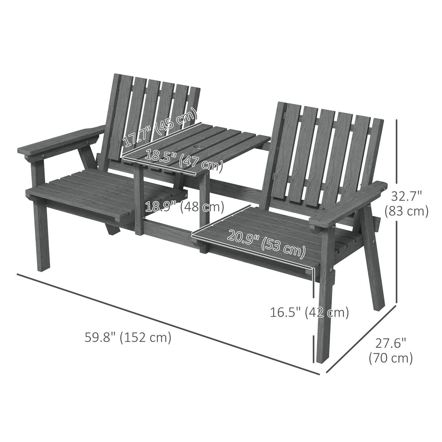 Garden Bench for 2 Persons with Middle Table and Umbrella Hole, 2-Seater Outdoor Wooden Bench with Slat Design, Grey