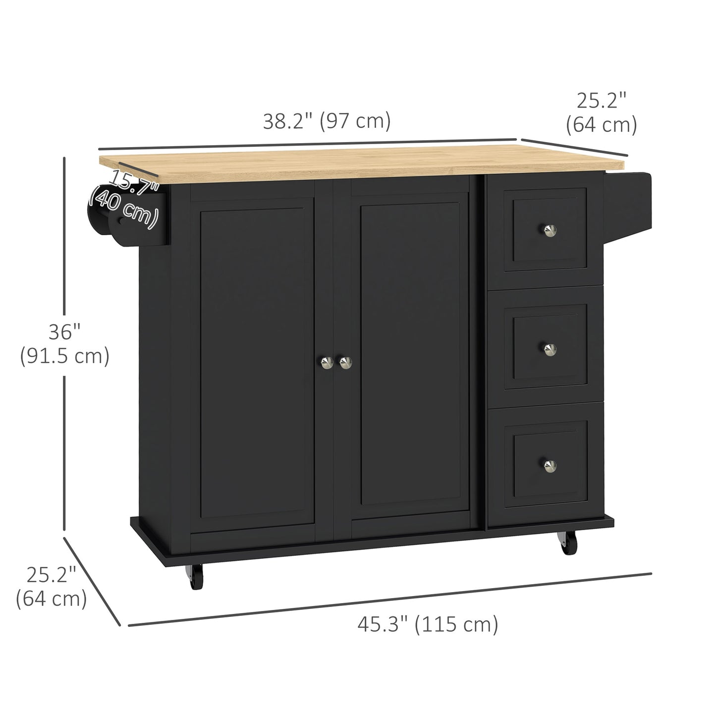 Kitchen Island on Wheels, Drop Leaf and Drawers