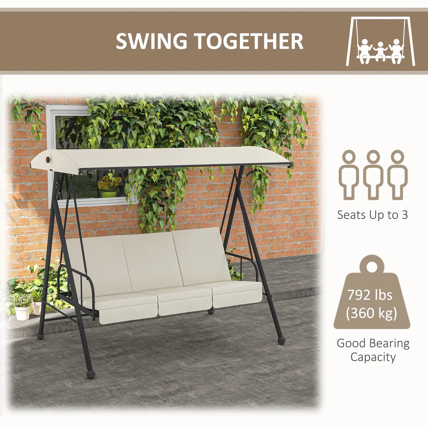 3-Seat Outdoor Porch Swing  with Adjustable Canopy, Removable Seat and Back Cushion