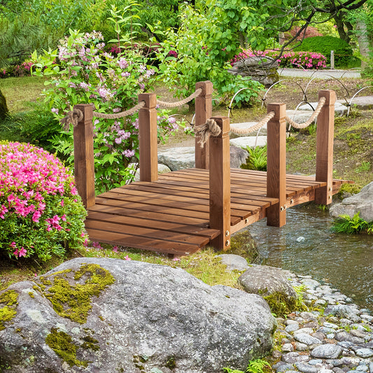 5FT Wooden Garden Bridge Outdoor Decorative Arc Footbridge with Hemp Rope Railings & Solid Fir Construction, Orange