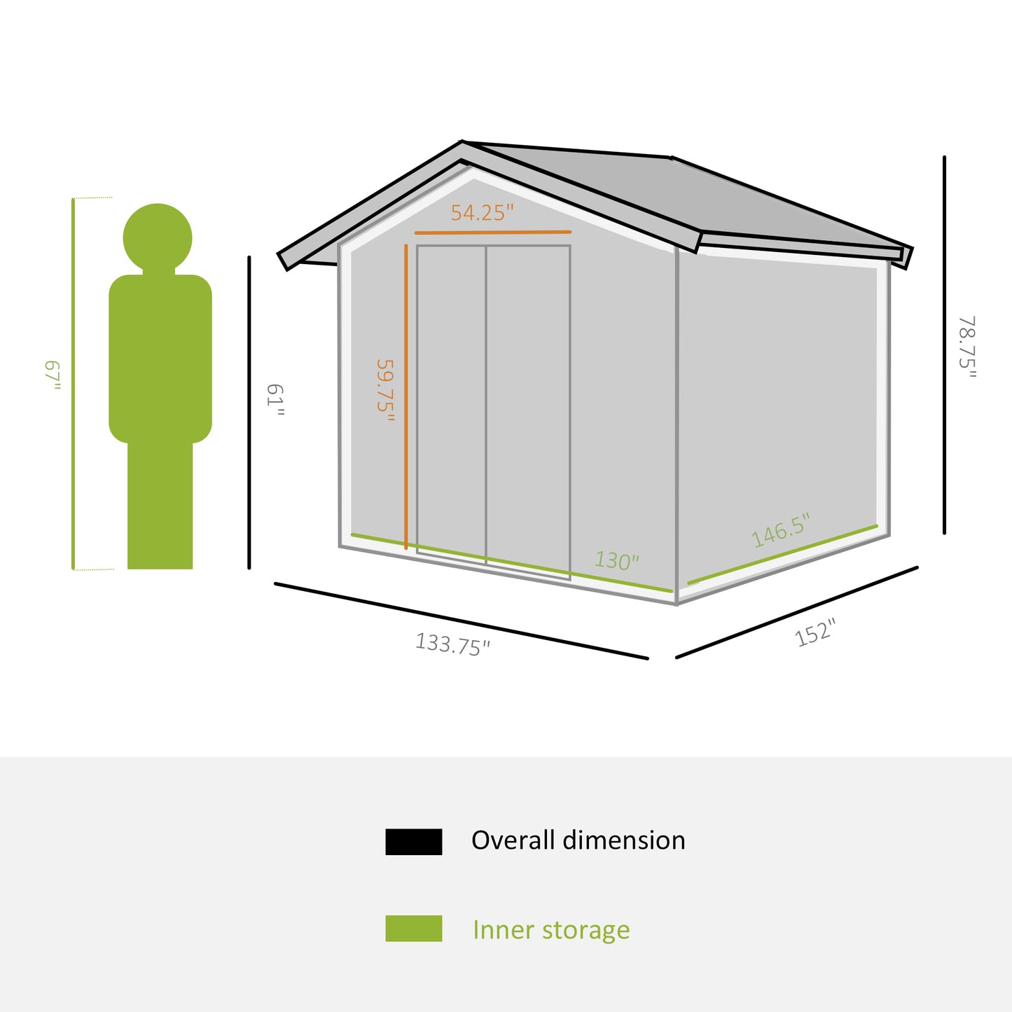 Outsunny 11.2ft x 12.5ft Practical Backyard Garden Storage Tool Shed 4 Ventilation Slots Double Sliding Door, Grey