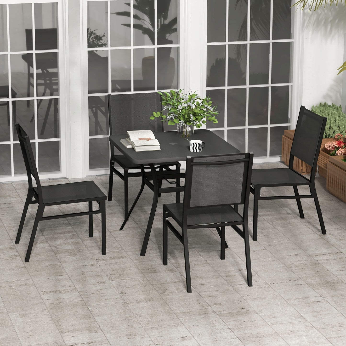 5 Pieces Outdoor Dining Set with Umbrella Hole, Patio Table and Chairs with Steel Top, Breathable Mesh Seat Back