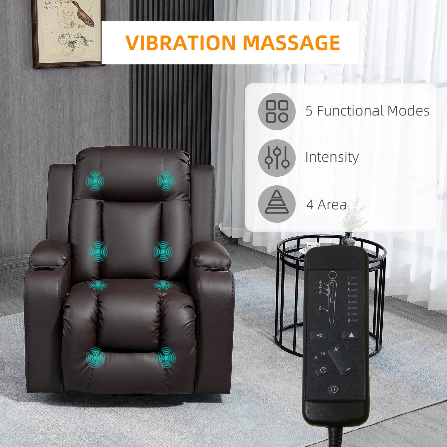 Massage Recliner Chair for Living Room with 8 Vibration Points, PU Leather Reclining Chair with Cup Holders, Swivel Base, Rocking Function, Brown