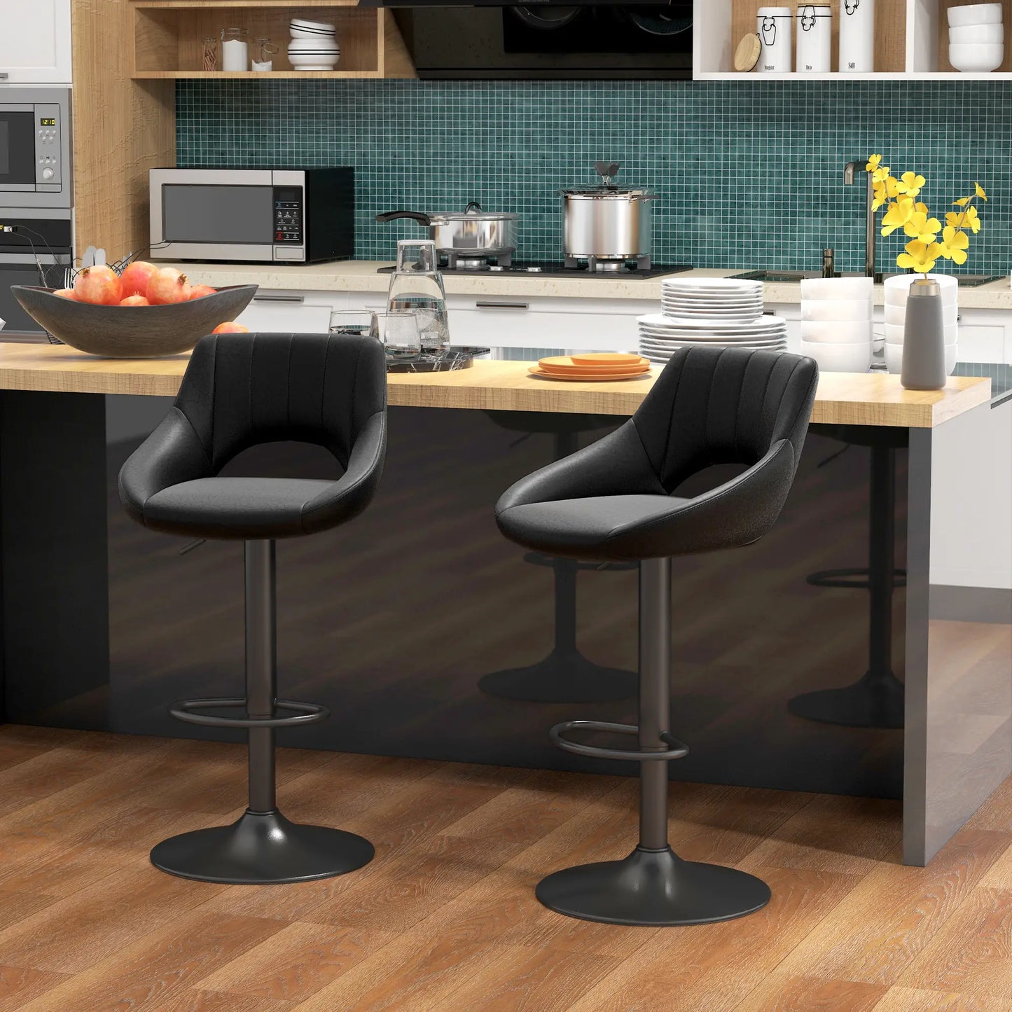 Swivel Bar Stools Set of 2, Faux Leather Upholstered Counter Height Barstools with Round Metal Base